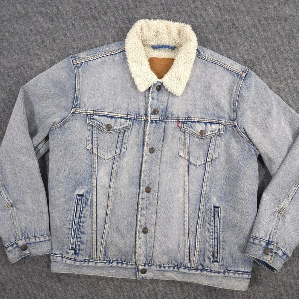 Levis Premium Denim Trucker Jacket Mens Large Blue Big E Sherpa Lined Light Wash